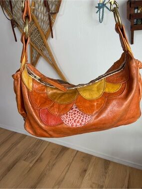 Maya Moon Patchwork Scallop Leather Shoulder Bag in Warm Tones